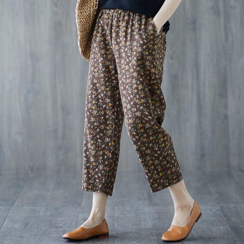 Spring and Summer Cotton and Linen Printed Cropped Trousers Large Size Loose Harem Pants Women Floral Temperament Casual Pants