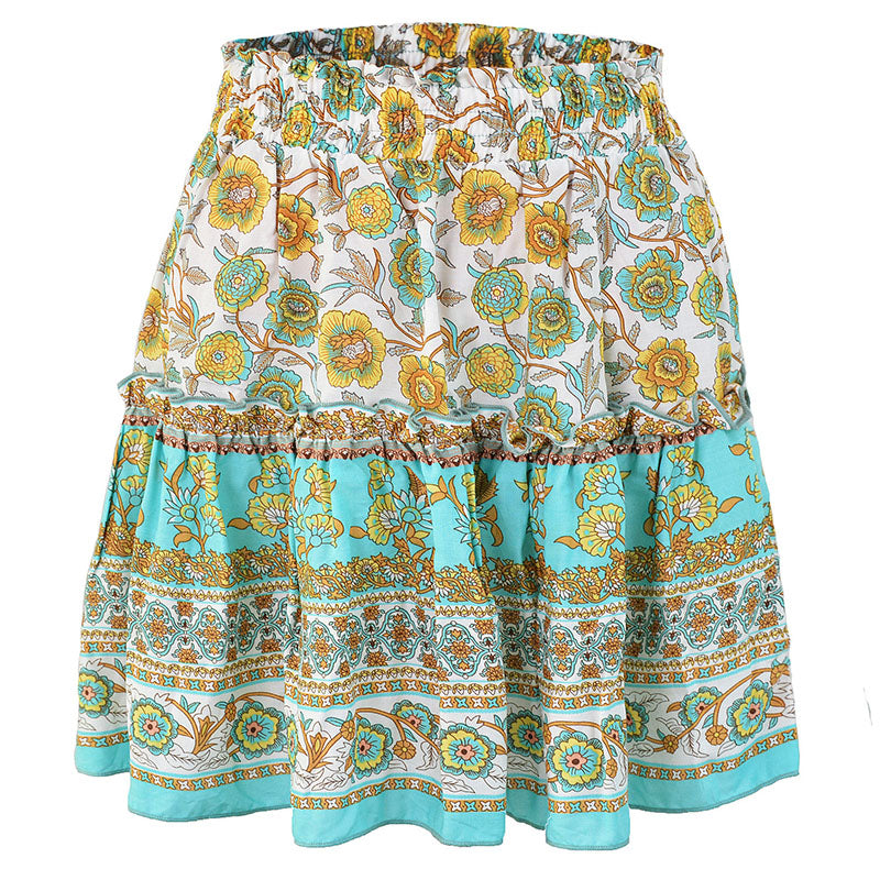 Woman Skirts Bohemian Style Pleated Skirts Summer Mini Skirt Loose A-line Short Floral Print Skirts Elastic Waist Casual Skirt