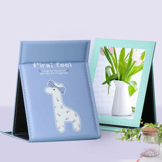 Cute Animal Pattern PU Soft Leather Foldable Desktop Makeup Mirror Portable Convenient Storage HD Mirror