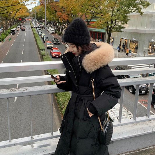 White Duck Down Long Knee-waisted Fluffy Big Fur Collar Hooded Down Jacket Women's Winter Warmth Long Cotton Jacket Parker Jacket