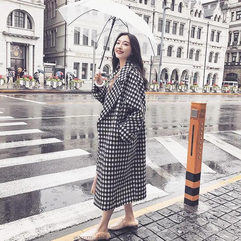 Autumn and Winter Woolen Coat Black and White Houndstooth Long Woolen Coat Over The Knee and Waist Plus Size Women's Woolen Coat