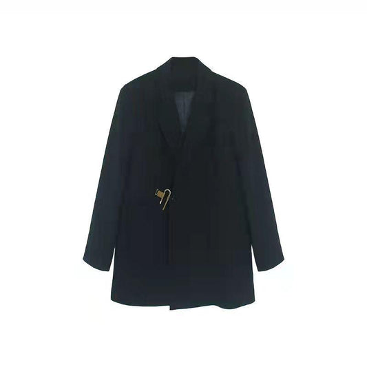 Women's Spring and Autumn Hepburn Style Suit Jacket French Mid-length Black Suit Dress Ladies Blazer Top Temperament Coat