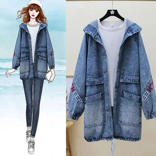Women Spring Mid-length Denim Jacket Female Loose Versatile Autumn Large Size Hooded Casual Denim Coat