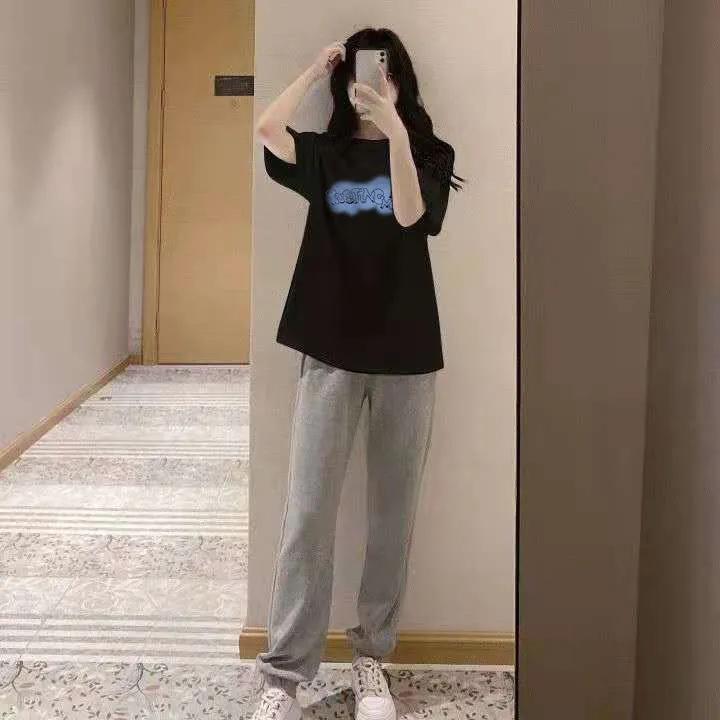 2PCS Women's Short-sleeved T-shirt + Lantern Pants Two-piece Suit Student Summer Loose All-match Casual Sports Jogging Clothing