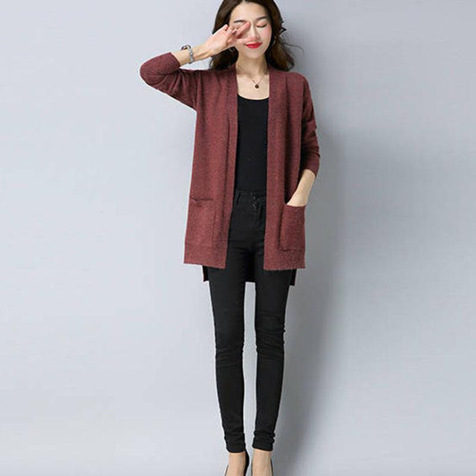 Spring and Autumn Mid-length Knitted Sweater Cardigan Solid Color All-match Top Long Sleeve Loose Women's Jacket