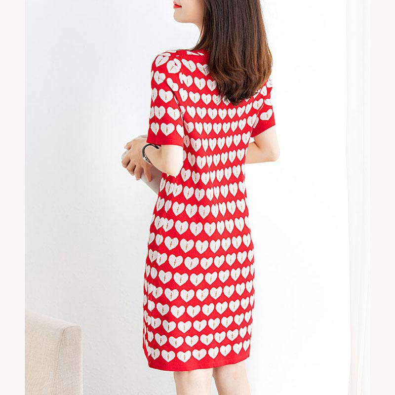 Round Neck Heart Pattern Short-sleeved Dress Drape Thin Temperament Elegant Straight Skirt Women's Summer Loose and Thin Printed Dress