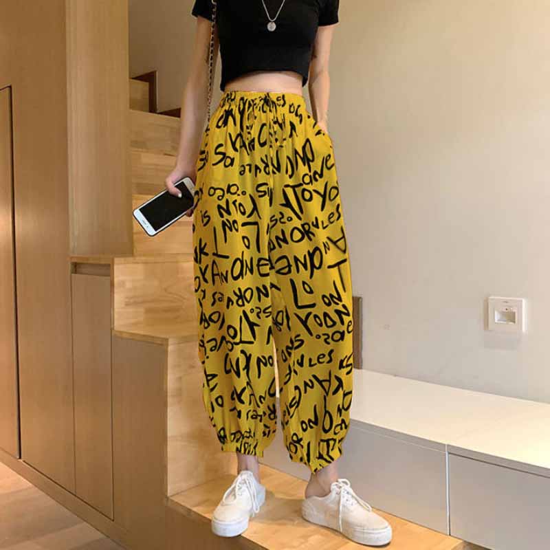 Sports Chiffon Casual Pants Women's Summer Letters Print Harlan Elastic Waist Loose Drawstring Lantern Pants