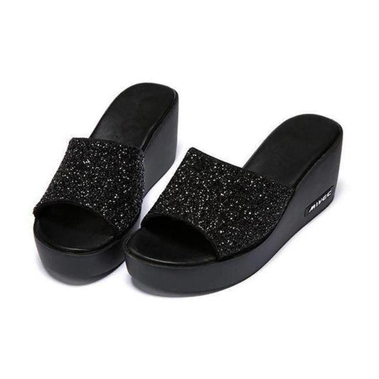Outer Wear Thick-soled Ladies Wedge Sandals High-heeled Flip-flops Platform Shoes Black Sequined Fish Mouth High-heeled Sandals