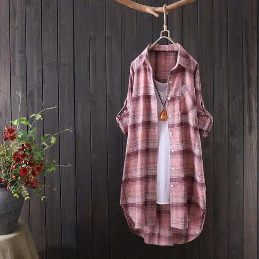 Casual Plaid Shirt Women's Mid-length Loose Cotton Shirt Long-sleeved Shirt Women's Fabric Comfortable and Breathable