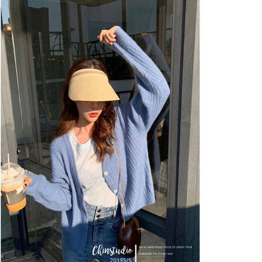 Short V-neck Cardigan Sweater Female Button Korean Style Long-sleeved Loose Striped Knitted Solid Color Coat