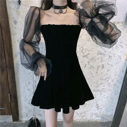 Black A-line Dress with Waist Strapless Mesh Gauze Slimming Sexy Black Gauze Dress Chiffon Long-sleeved Strapless Neckline Ladies Sexy Dress