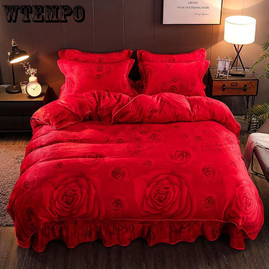 Flannel Soft Comfortable Bedding Set Duvet Cover Flat Sheet 4pcs Home Bedclothes Bed Linens