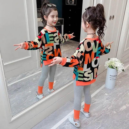 Girls Long-sleeved Spring and Autumn Two-piece Set Simple Fashion Letter Printing Pullover Sweater Slim Trousers Sports and Leisure Children Clothing