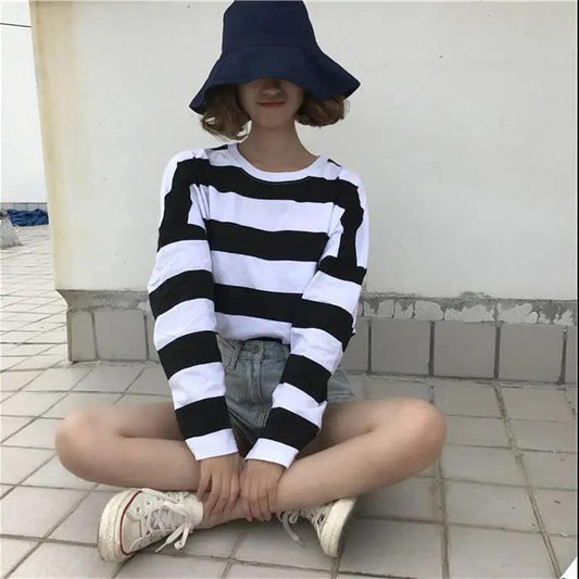 Fall Women Casual Round collar Lady Autumn Long sleeve T-Shirt Striped Basic Tee Pullover