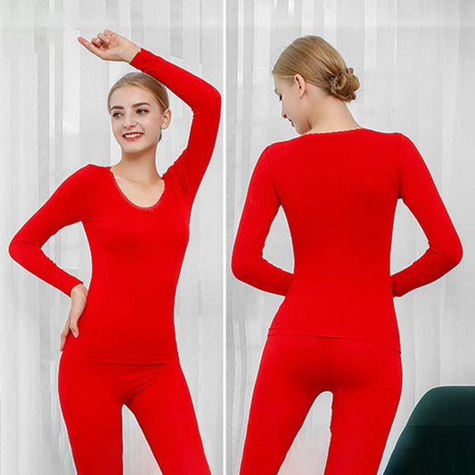Women Winter Autumn Thermal Underwear Lace O-neck Female Tight Suit Thicken Windproof Comfortable Soft Lining Long Sleeve High Elasticity Tracksuit