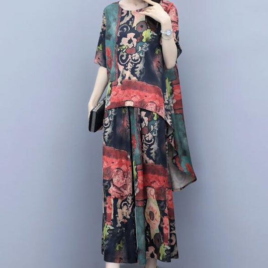Women Summer Pants Suit Short Sleeve Thin Irregular Tops & Wide Leg Loose Floral Printed Culottes Large Size Two Pieces Casual Suit