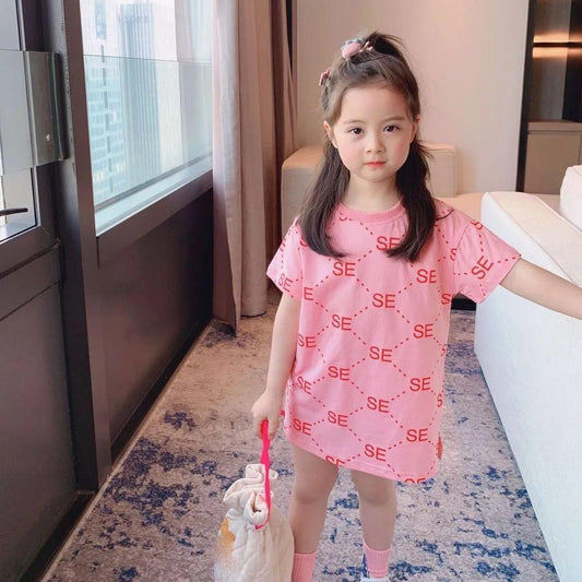 Children Dress Girls' Summer Printed Letter Short Sleeve T shirt Dress Korean Sweet Casual Dress Straight Dress