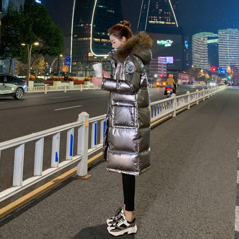 Bright Face Down Padded Jacket Women Winter Big Fur Collar Padded Jacket Women Mid-length Over The Knee Thick Coat