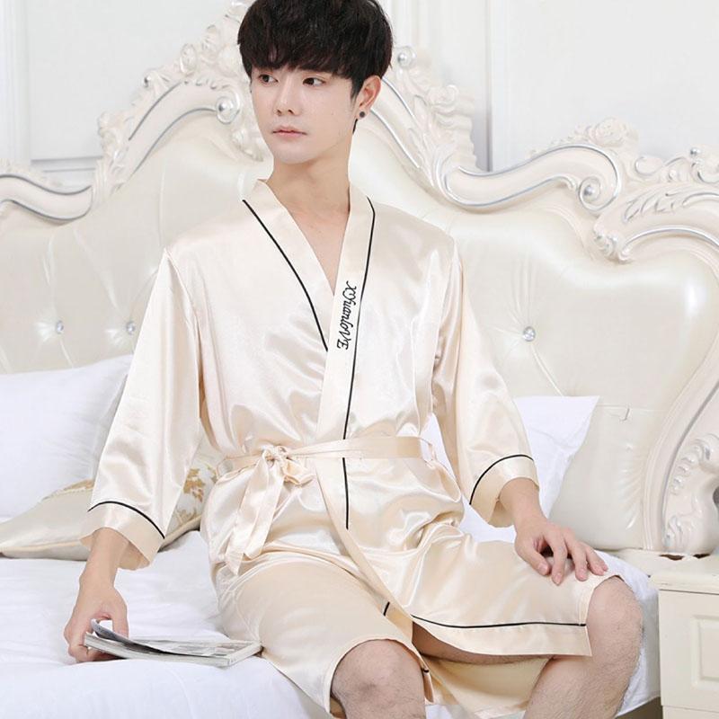 Spring and Summer Korean Version of The Nightgown Men's Bathrobe Silk Pajamas Men's Summer Loose Thin Ice Silk Bathrobe Home Service