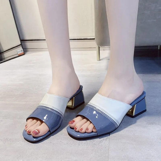 Soft Leather Sandals Women's Outer Wear Square Head Summer Thick Heels High Heels All-match Color Fish Mouth Flip Flops