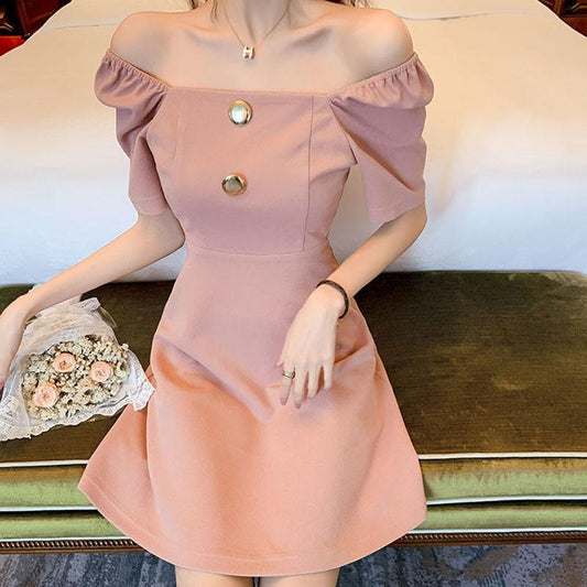 Women's Dress Waist Slim Summer Square Collar Button A-line Skirt