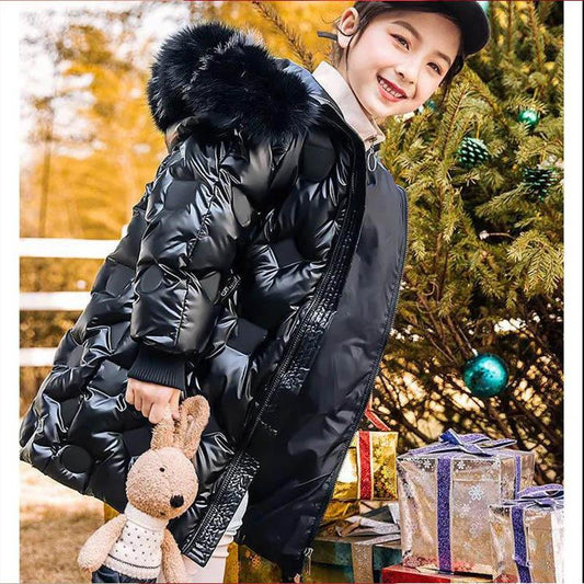 Children's Down Jacket Mid-length Shiny Face Girls Big Children Thickened Children's Winter Western-style Disposable Jacket