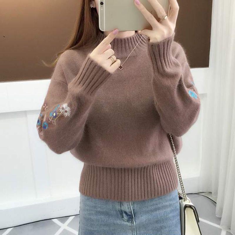 Half Turtleneck Sweater Thicken Women's Autumn and Winter Short Embroidery Flower Base Knit Long Sleeve Pullover