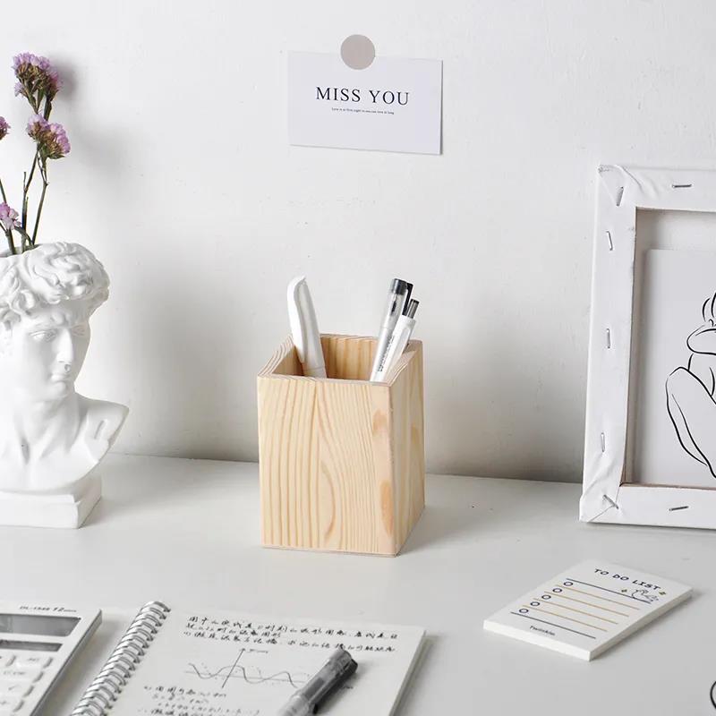 Log Color Bedroom Double Grid Wooden Pen Holder Student Simple Desktop Storage Box Stationery Storage Barrel