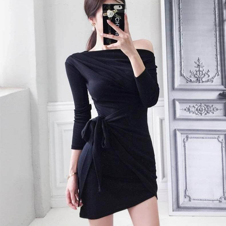 Pleated sexy skinny package hip dress woman autumn and winter strapless woman long sleeve dress