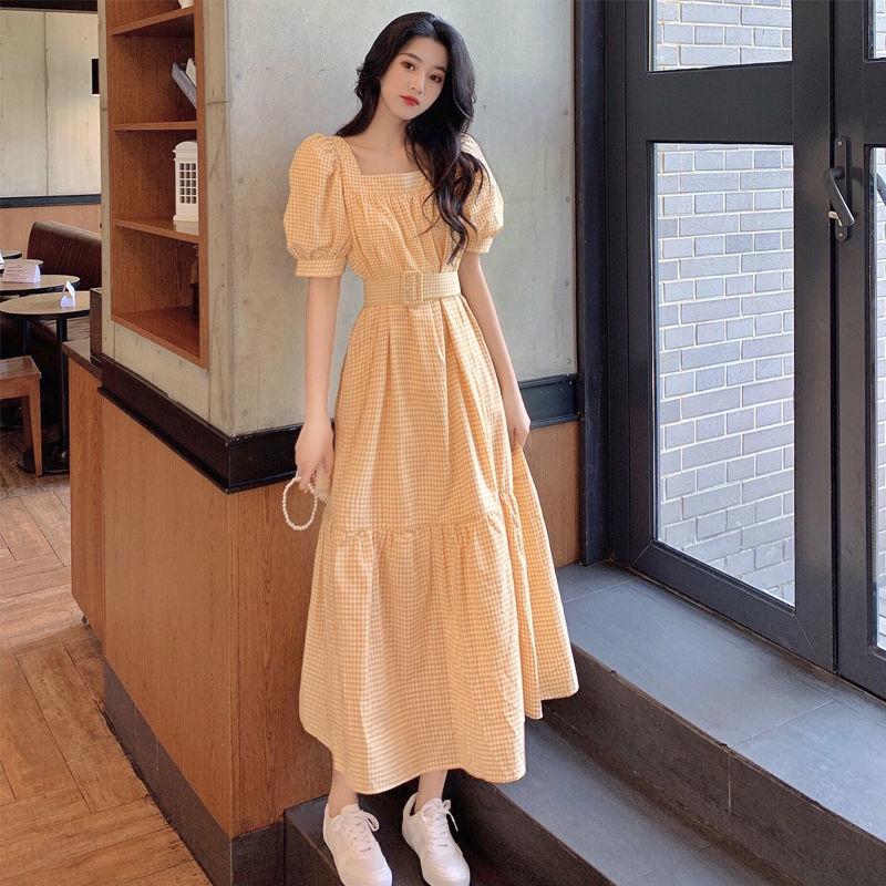 Women's French Retro Style Orange Dress with Puff Sleeves Square Collar Waist Waist Slim Dress