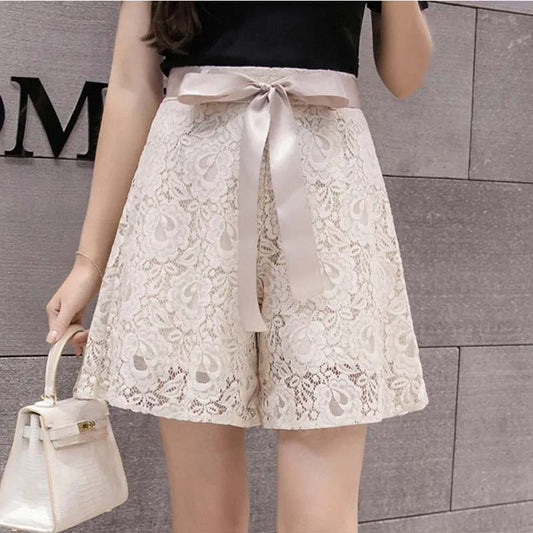 Lace Embroidered Bow Shorts Women Summer Korean Thin Wide-leg Short Pants A-line Bottoms Casual Temperament Shorts High Waist Temperament Short Pants