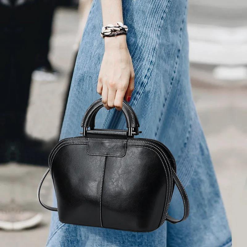 Women Top-Handle Bags Large Capacity High Quality Genuine Leather Cowhide Handbags Personality European Style Crossbody Bag
