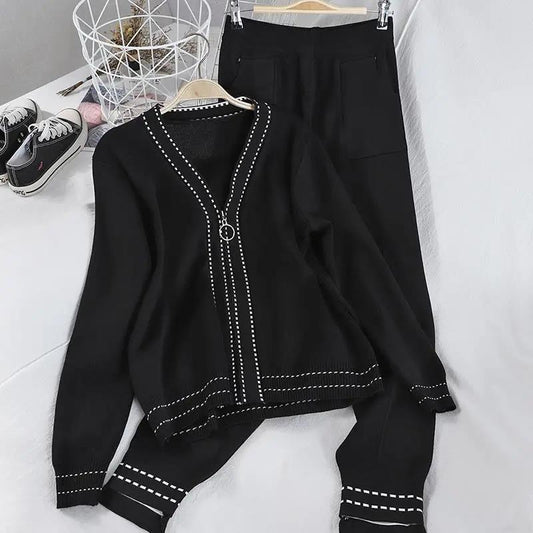 Women Knitted Tracksuit V-neck Sweater Casual Suit Autumn Winter 2 Piece Set Knit Pants Sporting Suit Femme Clothing