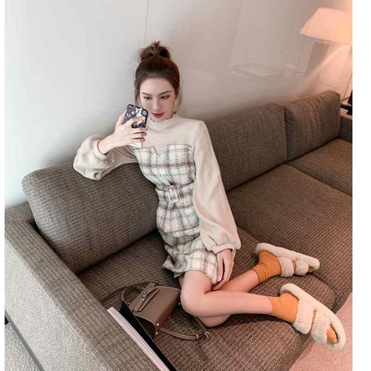 French Fashion Bottoming Dress Autumn and Winter Waist Knit Sweater Retro Small Fragrance Style Jacket