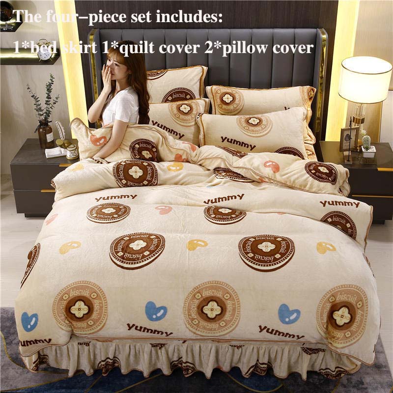 Milk Velvet Thick Bed Skirt Four-piece Quilt Cover Pillowcase Bed Skirt Set Household Bedding