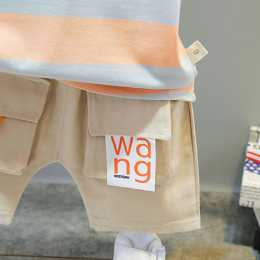 Boys Summer Suit Children's Clothes Striped Embroidered Printing Cute Casual Boy Baby Short-sleeved Shorts Two-piece Set