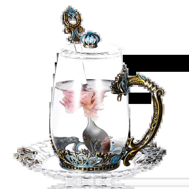 Retro Enamel Color Water Cup Flower Teacup Personality Trend Glass Female Teacup Creative Home Coffee Cup with Lid Spoon