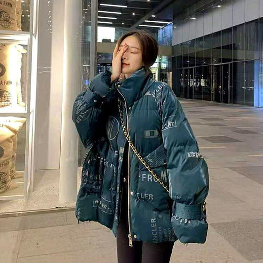 Printed Bright Face Cotton Jacket Women Loose Winter Down Coat Casual Thick Coat Winter Bright Face Short Short Loose Warm Cotton Jacket Women