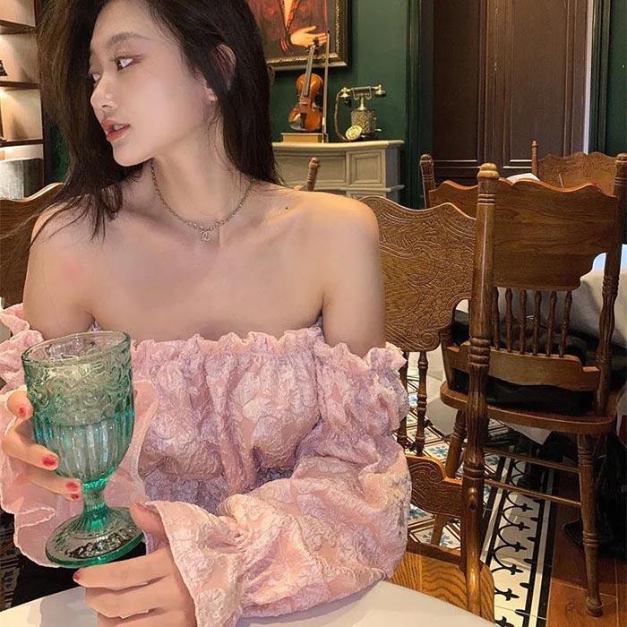 Lantern Sleeve Summer Shirt One-Shoulder Top Jacquard Slim Short Sexy T-Shirt Shirts