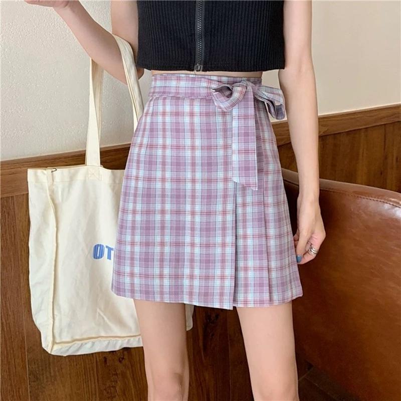 Bow School Girl Women High Waist Pleated Skirt Plaid A-Line Flare Skater Short Skirt Uniforms Cosplay Sweet Girls