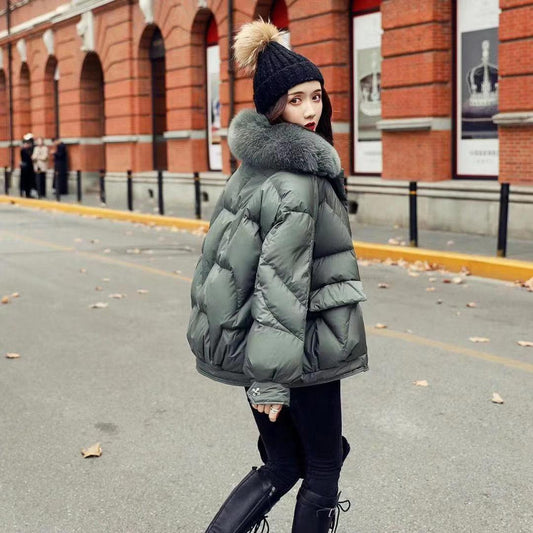 Korean Fashion Ladies Down Jacket Fox Fur Collar Thick Bread Jacket White Duck Down Short Down Jacket