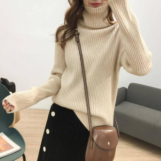 Winter Lazy High Collar Thick Vertical Stripes Loose Thin Sweater Women Bottoming Shirt