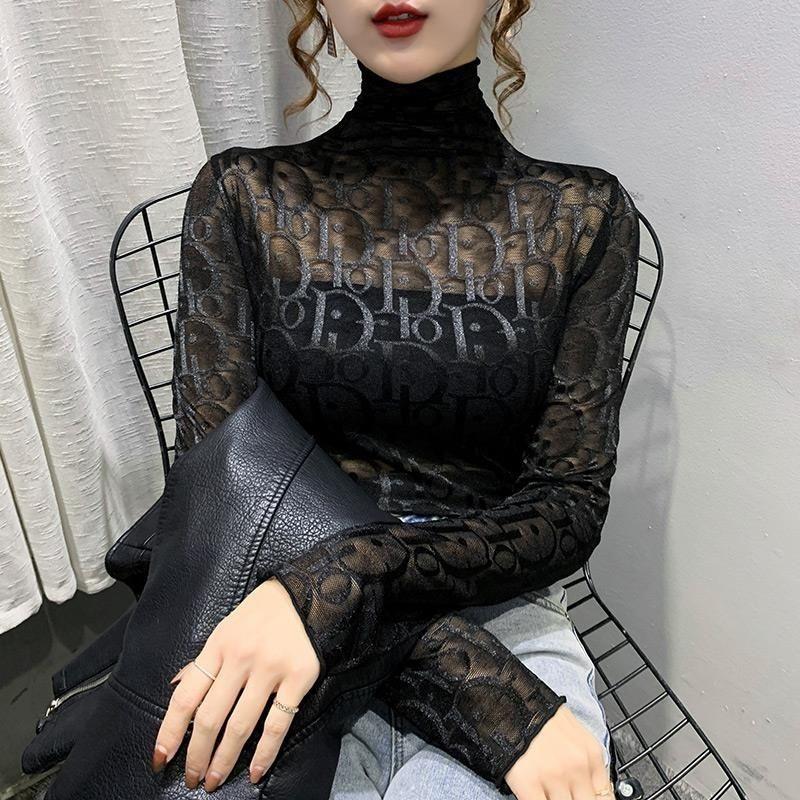 Sexy Women T Shirt See Letter Decoration Through Transparent Tops Long Sleeve Sheer Slim Ladies Turtleneck T-Shirt Women Pullover