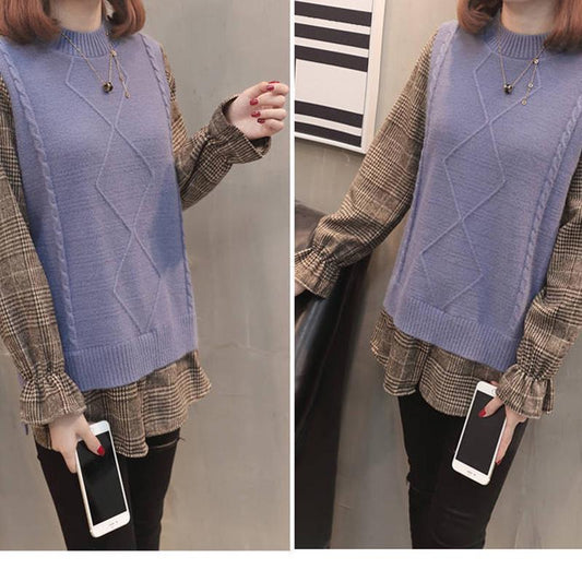 Spring and Autumn Stitching Flared Sleeve Top Loose Plaid Pullover Sweater Fashion Casual Sweater Women