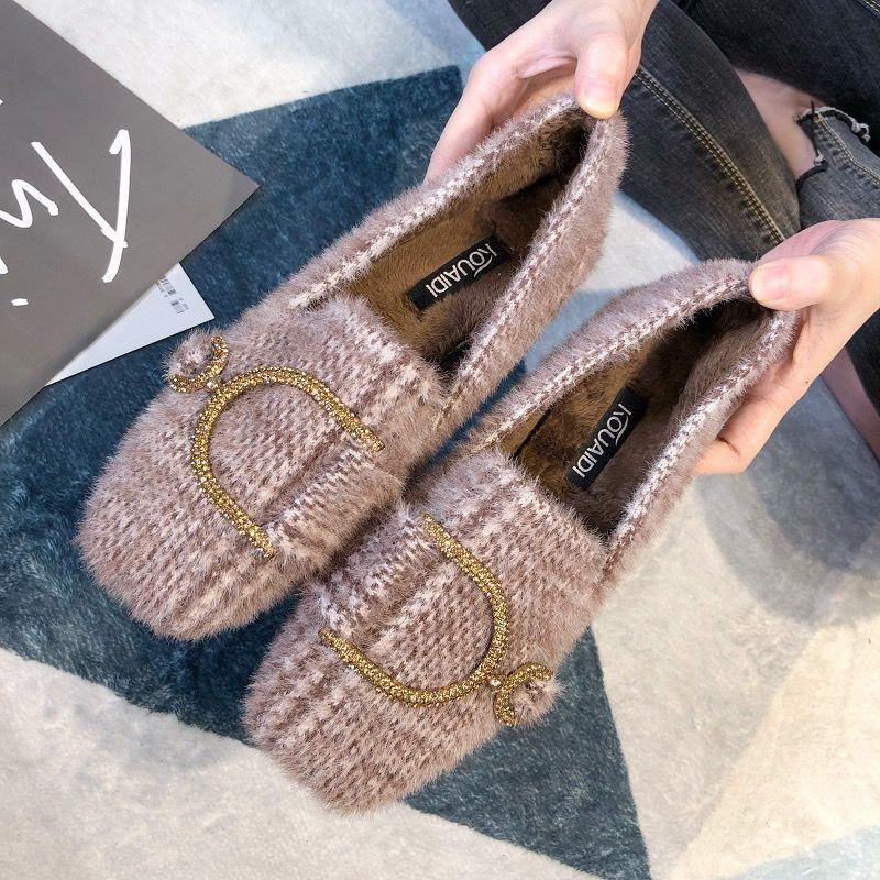 Plus Velvet Moccasin Shoes Women's Autumn and Winter Wear Flat Single Shoes All-match Temperament Women's Shoes Plus Velvet Beanie Shoes