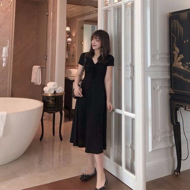 Women's Summer Korean Retro Slim Drawstring Pleated Short Sleeve A-line Slim V-neck Mid Length Dress