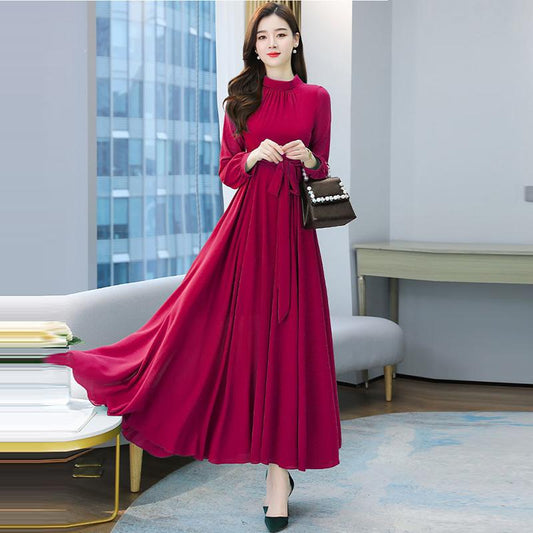 Chiffon Long Sleeve Dress for Women Spring Autumn Large Size Pure Color Fairy Temperament Over The Knee Beach Large Swing Dress Women