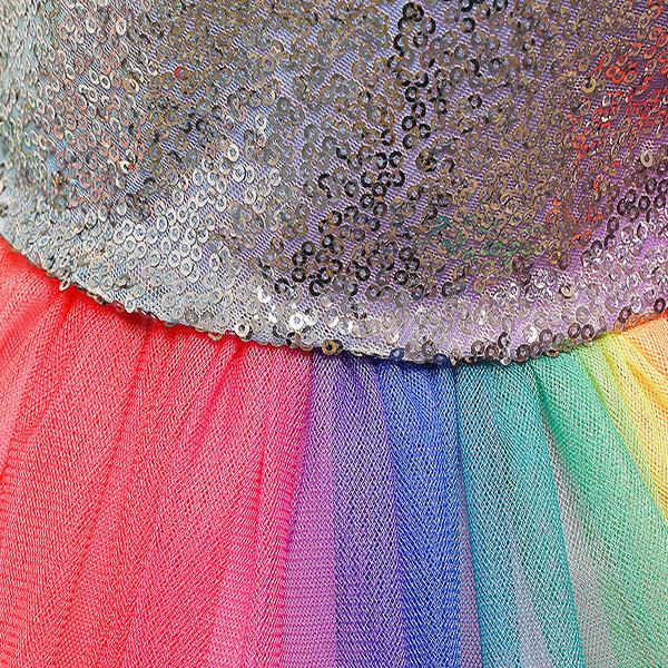Girls Princess Dress Bowknot Evening Dress Rainbow Sequined Skirt Performance Costume Fluffy Mesh Dress