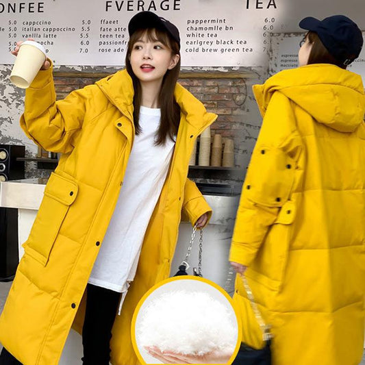 Down Jacket Women's Hooded Stand-up Collar Mid-length White Duck Down Winter Loose Thickening Light Cotton Winter Thick Coat