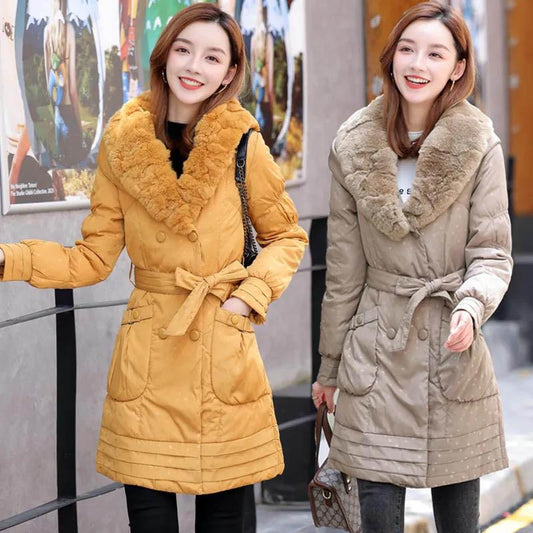 Real Rex Rabbit Fur Collar Hooded Mid-length Down Jacket Women Fashion Slim Belt White Duck Down Winter Jacket